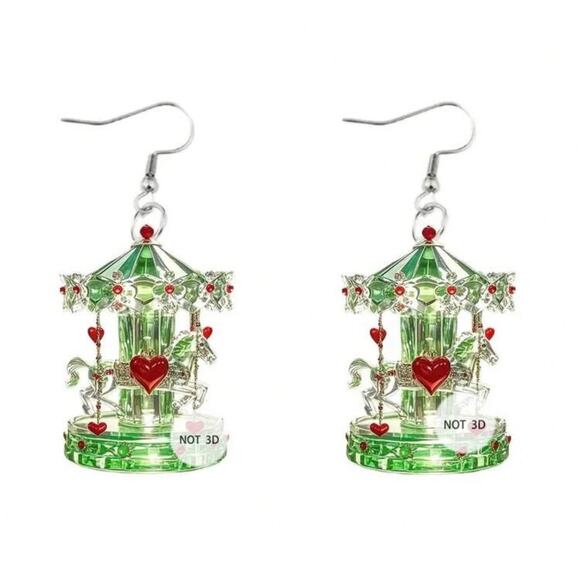 Green Carousel Dangle Earrings with Hearts - Picture 3 of 3